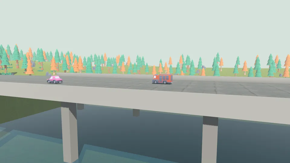 A fire truck and a car crossing a bridge over a river gorge
