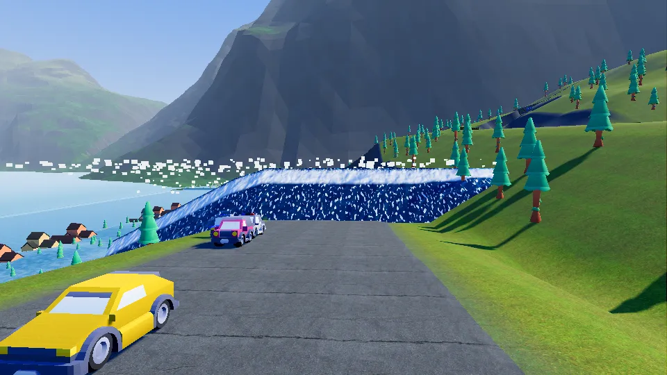 Cars racing up a fjord road with a giant wave crashing in behind them