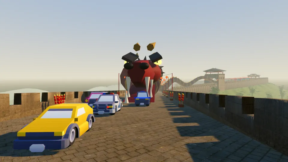 A pack of cars fleeing along the top of the Great Wall of China, a huge red dragon right behind them