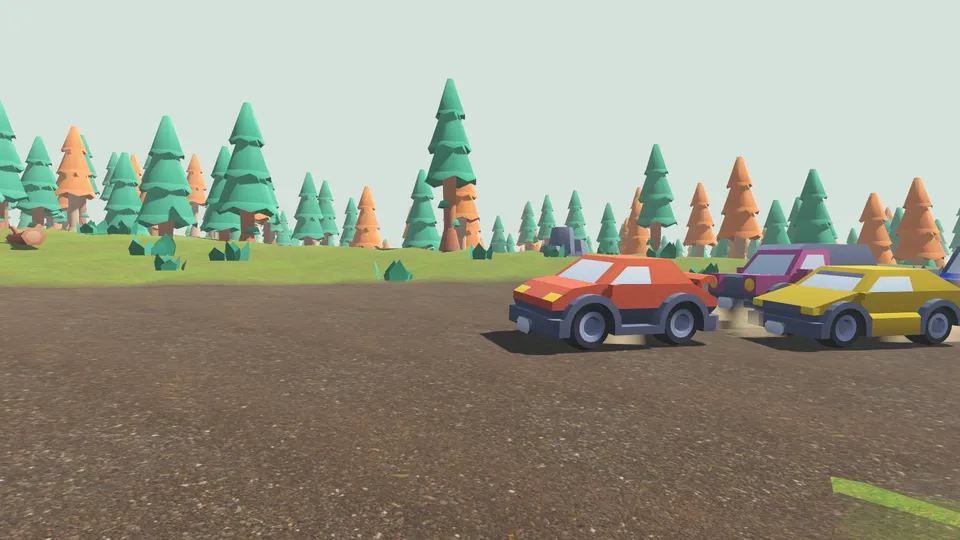 A pack of cars kicking up dust on a gravel road through the forest