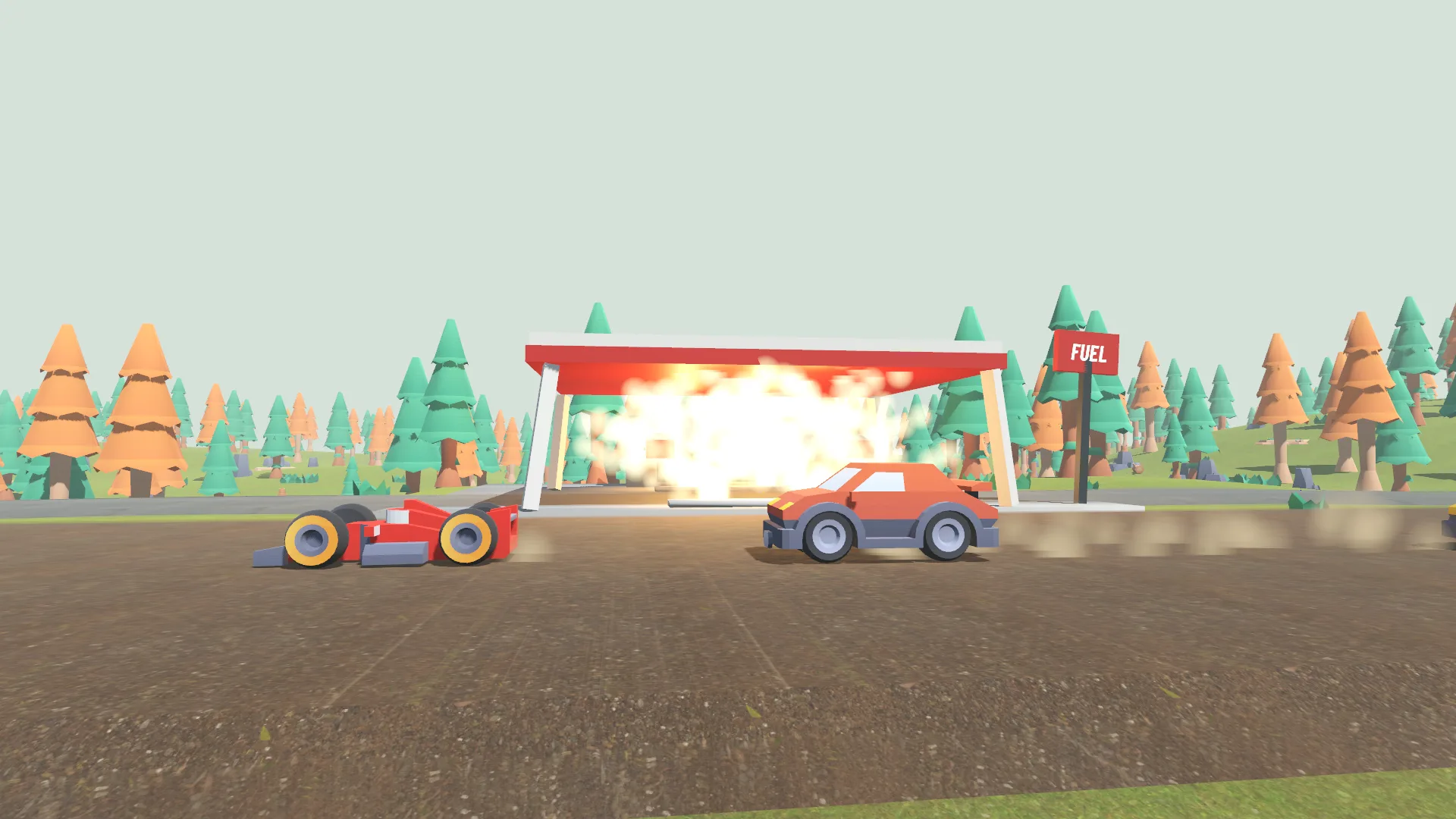 Fuel pumps blowing up in a fireball under a petrol station canopy while a race car and a sedan race past in a cloud of dust