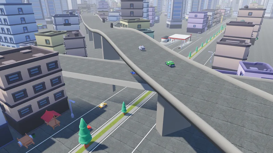 Cars racing on three levels of a city interchange, two flyovers stacked over the avenue