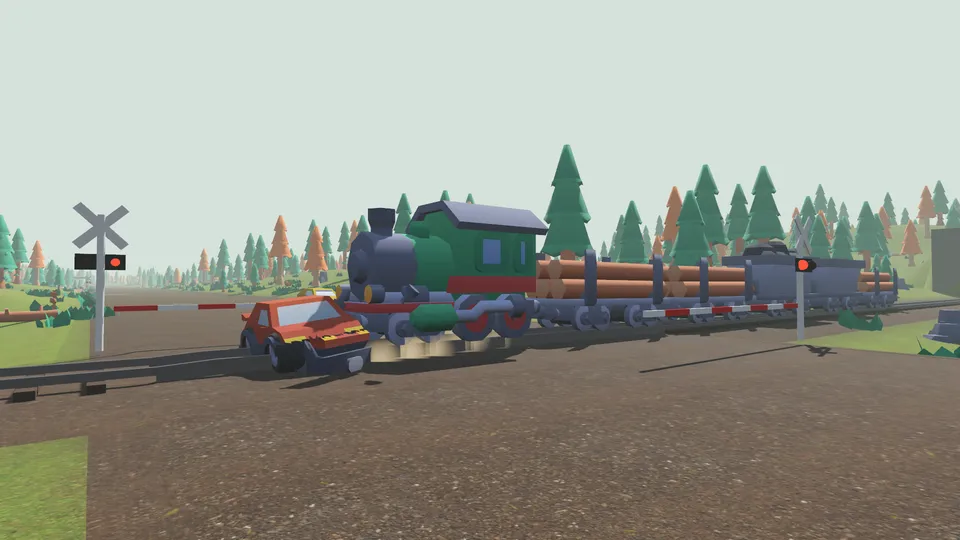 A train smashing into a red car on a level crossing, the barriers down