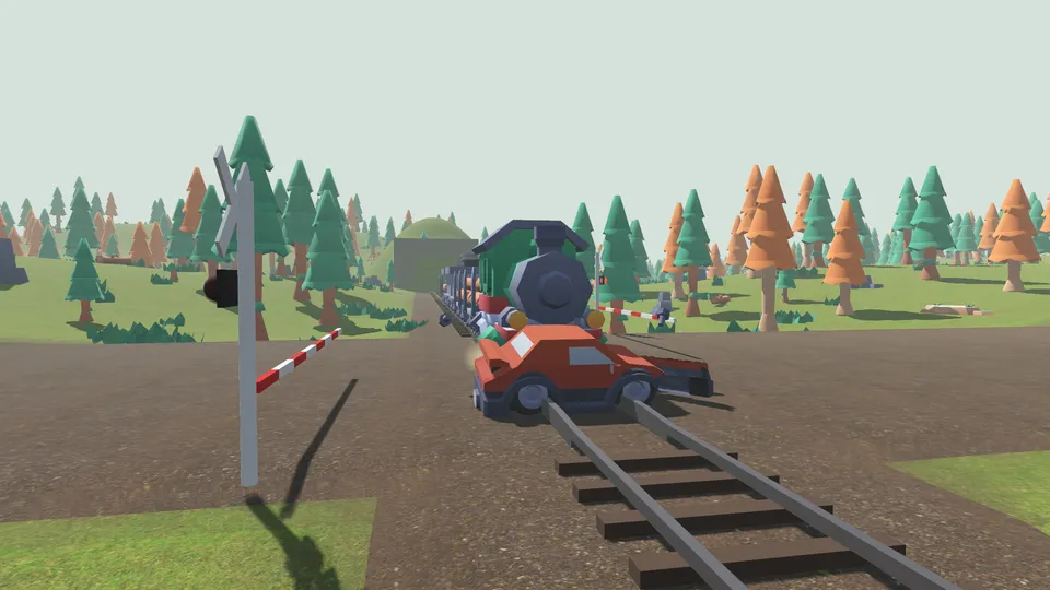 A steam train ploughing into a red car stuck on a level crossing